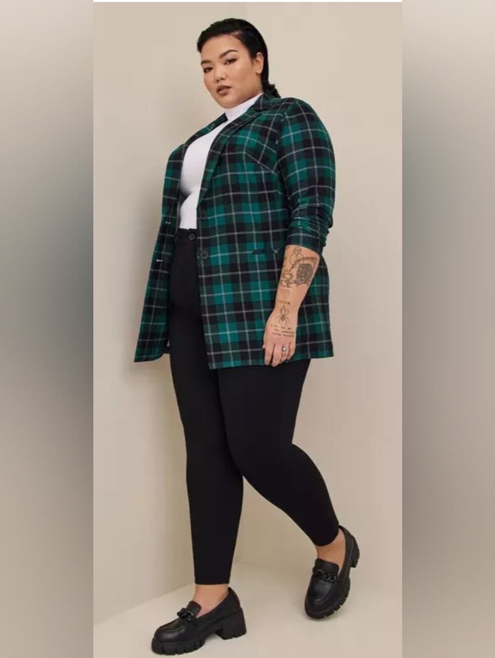 Torrid Lightweight Ponte Longline Plaid Blazer Green Size 1 14/16